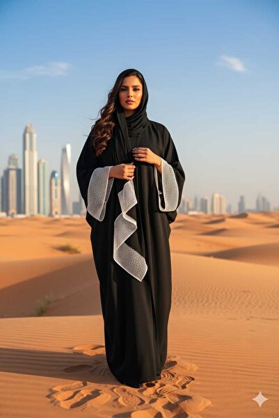 GigiTex HİJAP ABAYA DUBAİ İPEĞİ BEYAZ DANTEL DETAYLI FERACE ŞALLI STANDART 38-44 BEDEN