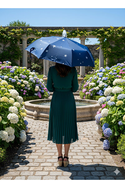 Gabbiano Lacivert 8 Telli Tam Otomatik Rüzgara Dayanıklı Yıldız Desenli Şemsiye
