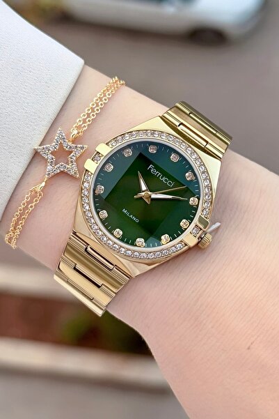 Ferrucci Kadranı Yeşil Kordonu Altın Renk 32 Mm Kadın Kol Saati ve Bileklik