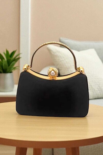 Famels Black Satin Gold Zircon Stone Detailed Evening Dress Bag with Armrests...