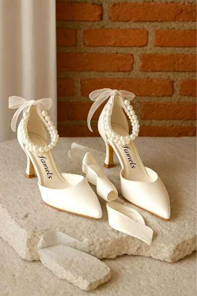 Famels Pantofi cu toc cu perle duble Mireasa cu perle si cascara Pantofi pentru rochie de nunta Pantofi pentru petrecere de seara