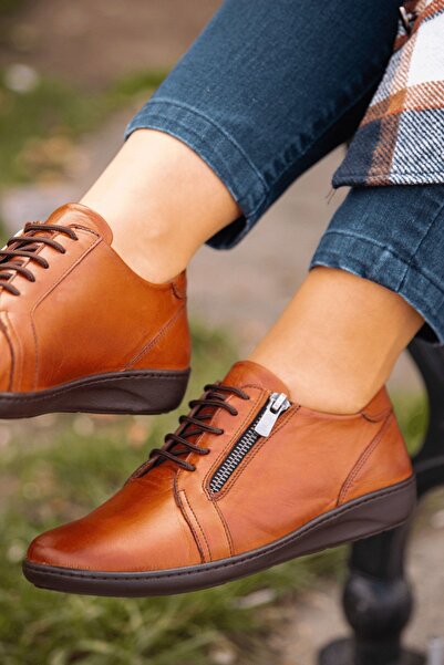 İNZE AYAKKABI Tan Genuine Leather Casual Shoes - Model Name Diana