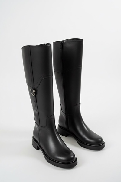 DURUNUN BUTİĞİ Cizme de zi cu zi pentru femei Duube din piele neagră (înălțime toc 3,5 cm) cu cataramă laterală