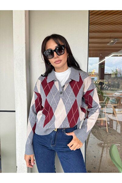 Mila YUMUŞAK DOKULU BAKLAVA DESENLİ POLO YAKA KAZAK