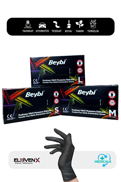 Beybi Powder Free Black Nitrile Exam Gloves-Box of 100