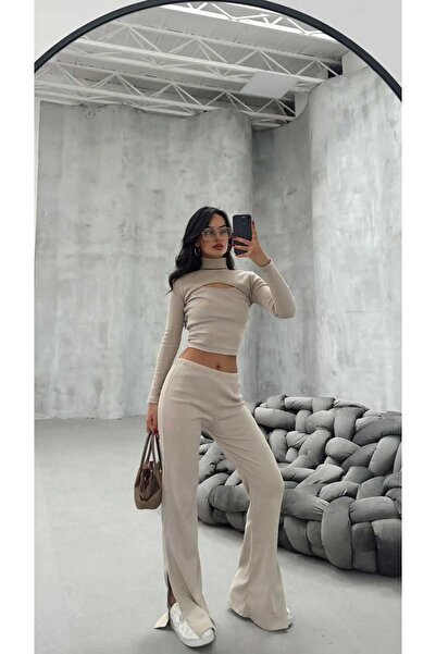 albaroda Bluză decoltată bej pentru femei și talie înaltă cu fantă Trening și pantaloni