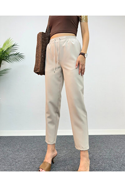 deqfashion Bej Beli Lastikli Bağcıklı Havuç Kumaş Pantolon