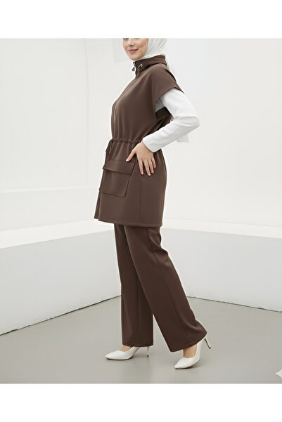 Modamorfo Double Pocket Zippered Rubber Detailed Short Sleeve Scuba Suit - Brown