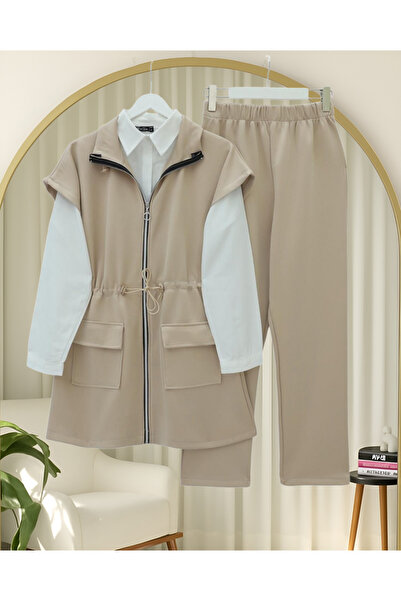 Modamorfo Double Pocket Zippered Rubber Detailed Short Sleeve Scuba Suit - Beige