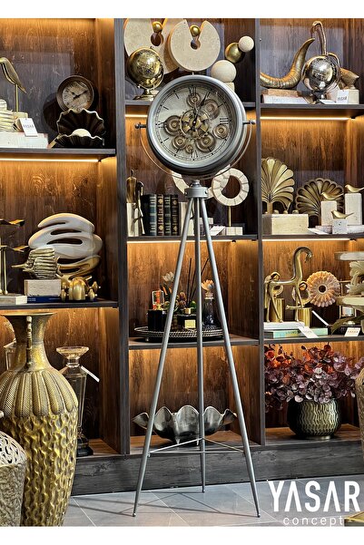 YASAR CONCEPT Retrovia Metal Çarklı Tripod Ayaklı Saat Antik Gümüş