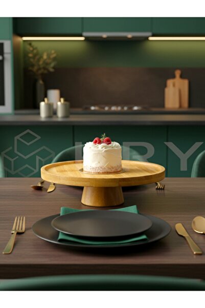 KRY Doğal Bambu Ayaklı Pasta & Kek Standı 25x6 cm | Yuvarlak Sunumluk, Tatlı & Meyve Servis Tabağı