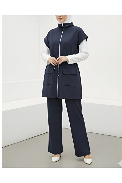 Modamorfo Double Pocket Zippered Rubber Detailed Short Sleeve Scuba Suit - Navy