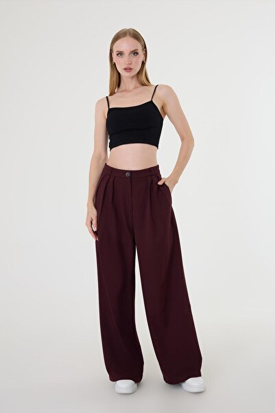 Hazel Kadın Bordo Pile Detaylı Palazzo Pantolon