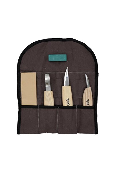 Genel Markalar Ahşap Kaşık Kuksa Oyma Bıçağı Seti 5 Parça Bez Çantalı