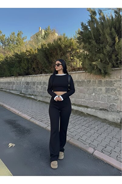Genel Markalar Kadın Siyah Beyaz Detaylı Fitilli Uzun Kol Bluz Bol Paça Panto...