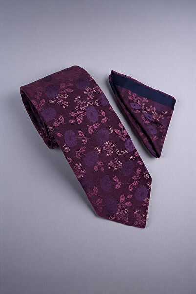 Milleniva Çiçekli Mor Kravat & Mendil