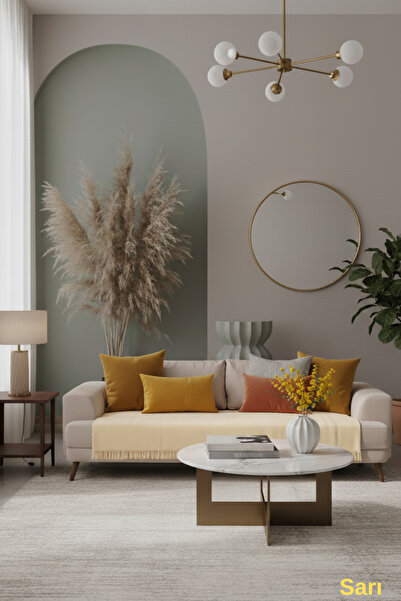 Miracolo Home Sarı Pamuklu Koltuk Örtüsü 115x200 Önden Saçaklı Çizgili Desenli