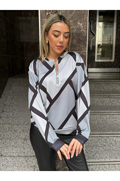 Melek Moda Bluză de damă cu mânecă lungă, cu gât rotund, cu fermoar și imprimeu