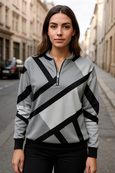 gl00my Women's Long Sleeve Round Neck Zippered Print Raised Blouse