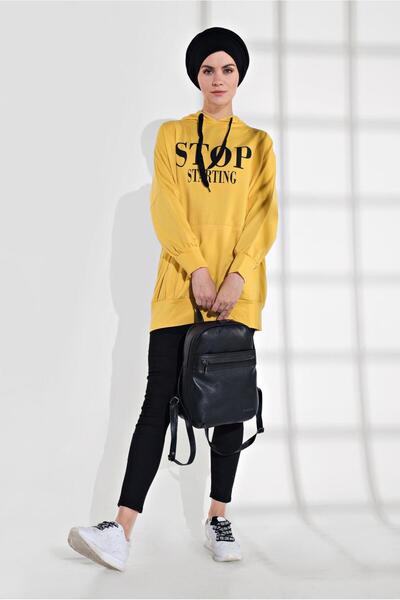 TRENDTESETTÜR Women's Yellow Text Printed Pocketed Tracksuit Tunic 6102