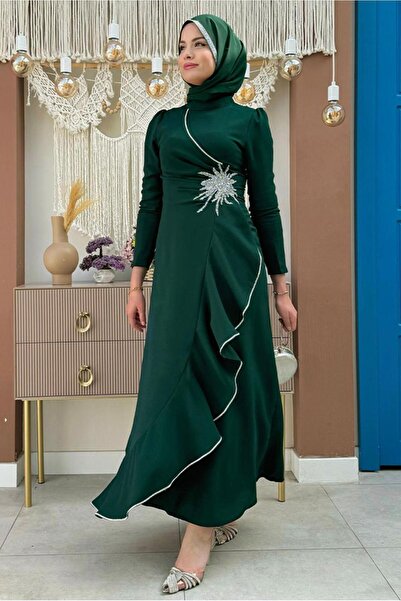 TRENDTESETTÜR Γυναικείο βραδινό φόρεμα με λεπτομέρεια από πράσινη πέτρα - T 2021