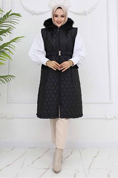 TRENDTESETTÜR Women's Black Fur Quilted Vest t 3091