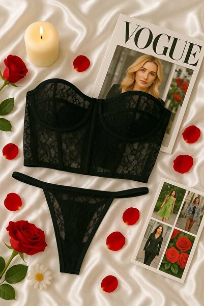 hepimiz alalım Set de lenjerie bustieră și tanga din dantelă transparentă neagră
