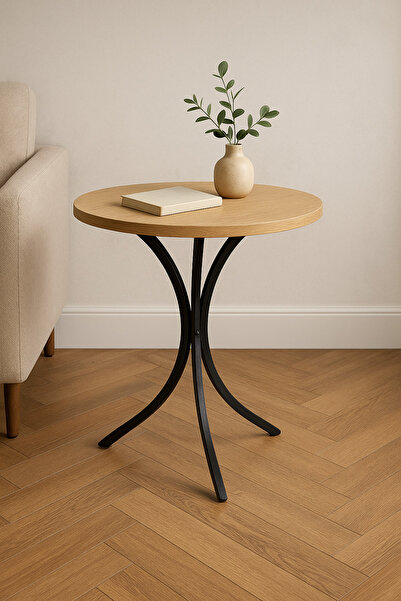 Living طاولة جانبية خشبية مستديرة بثلاثة أرجل معدنية