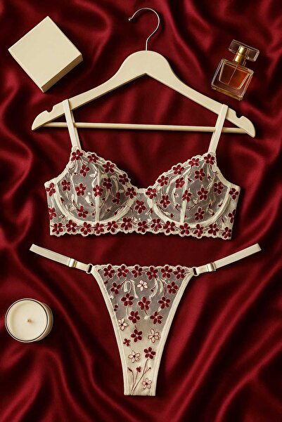 hepimiz alalım Set de bralet și string cu model floral transparent brodat cu ...