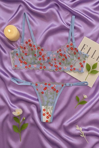 hepimiz alalım Lace Embroidered Floral Patterned Transparent Bralet & Thong S...