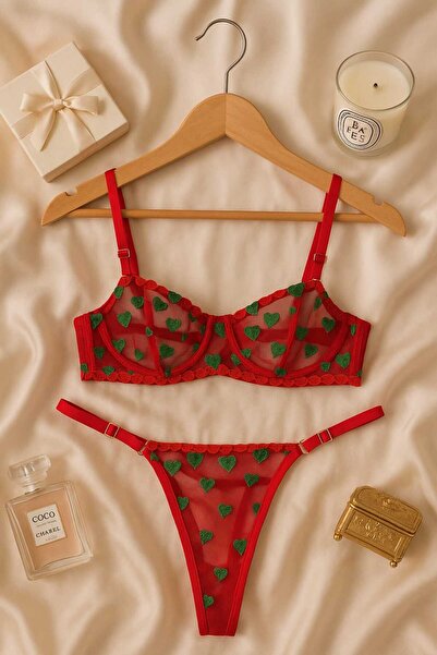 hepimiz alalım Set tanga bralet din tul transparent cu model inimă roșie