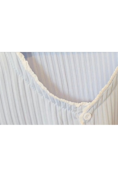 SOLOBUY Outlet Pyjama Sets Women Solid Pattern Crop Tops V Neck Long Sleeve Shirts Ruffles Pants