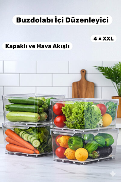 Buclee 4 Adet XXL Boy Buzdolabı İçi Düzenleyici Seti Şeffaf Buzdolabı Organiz...