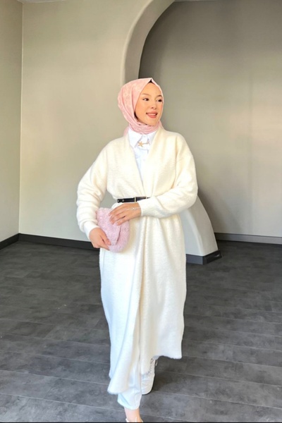 Safgiyim44 Angora Long Belted Cardigan Cream