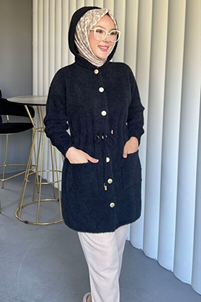 Safgiyim44 Angora Hooded Belted Buttoned Cap Black