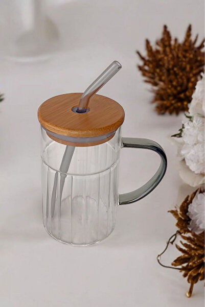 Panhera Bamboo Lid Glass Straw Cup 420 ml |   Smoked - Gray