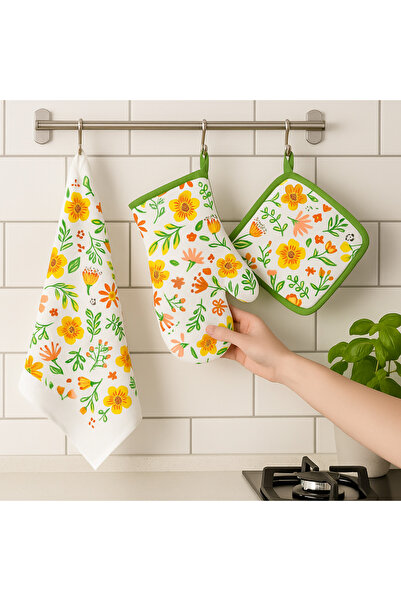 Dania Kitchen set, towel, heat holder and heat insulation made of high-quality cotton fabric, multi-colored