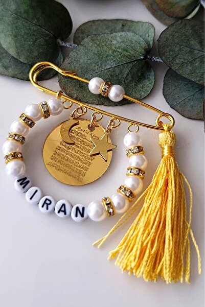 Beyaz Gelincik Tasarım Ayetel Kürsi Yazılı Nazarlık Bebek Yaka İğnesi, İsimli...