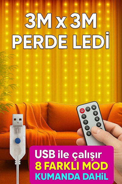 Nikadu Perde Led 3mx3m Kumandalı 8 Fonksıyonlu 300 Ledli 10 Sarkıtlı Usb Giri...