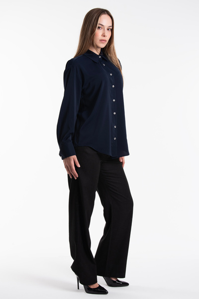 Cochines Γυναικείο μακρυμάνικο πουκάμισο σε μπλε ναυτικό ανοιχτόχρωμο oversized σατέν επιφάνειας