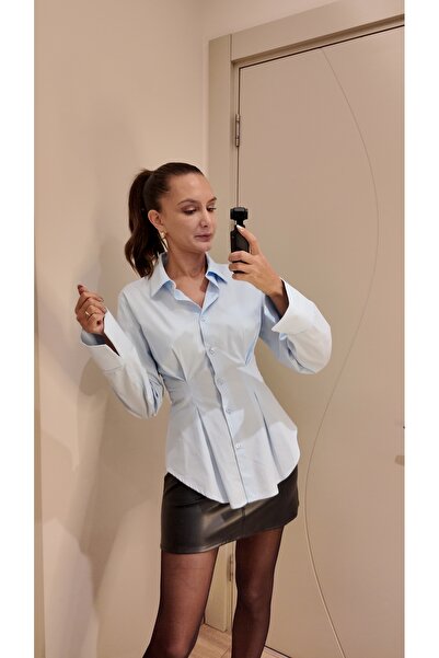 Melis Tuna Butik Açık Mavi Pilili Poplin Gömlek