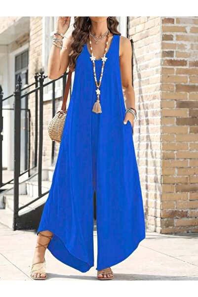 Butik Mdb Women's Strappy Round Neck Pocketed Loose Long Viscose Jumpsuit