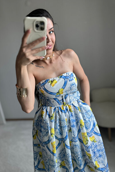 MoyStore Çiçek Desen Straplez Kemerli Midi Boy Elbise