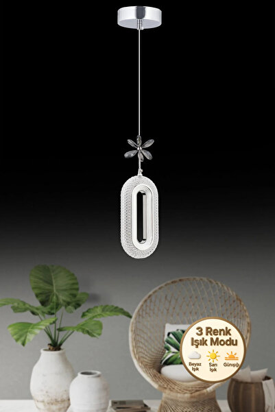 Litra Lighting Eclipse Tekli Gümüş Ledli Kristal Taşlı Led Avize 3 Renk Modu Oturma Odası Yatak Odası Led Avize