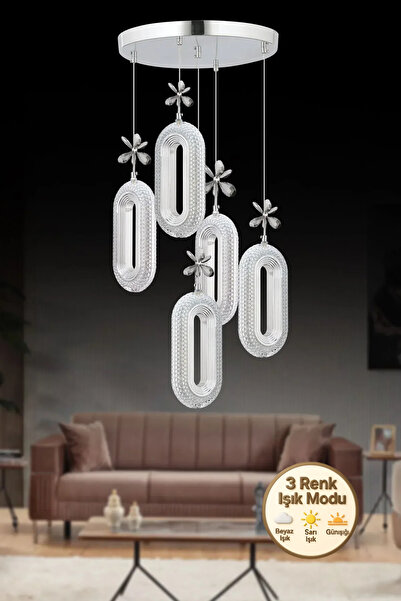 Litra Lighting Eclipse Model 5'li Krom3 Renk Modu Ledli Kristal Taşlı Modern Salon Mutfak Oturma Odası Led Avize
