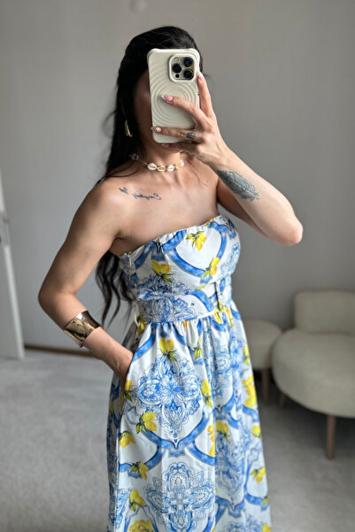 MoyStore Çiçek Desen Straplez Kemerli Midi Boy Elbise