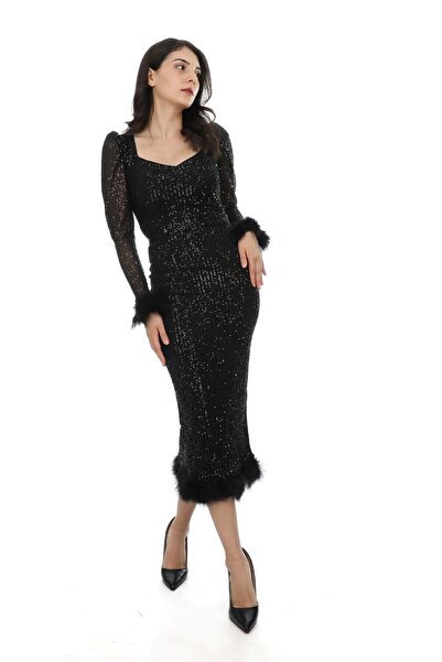 ElifNaz Siyah Pullu Otrişli Elbise