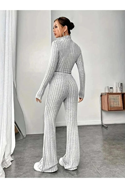 buHillco Gray Long Sleeve Turtleneck Ribbed Crop Top and Pants Women's Top and Bottom Set