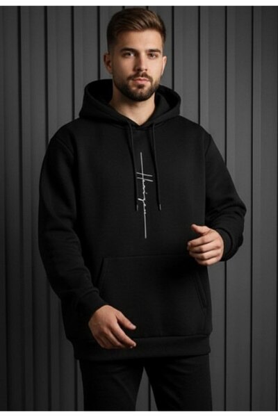 REBRAND سويت شيرت للجنسين قصة فضفاضة بغطاء للرأس مطبوع سميك 3 خيوط