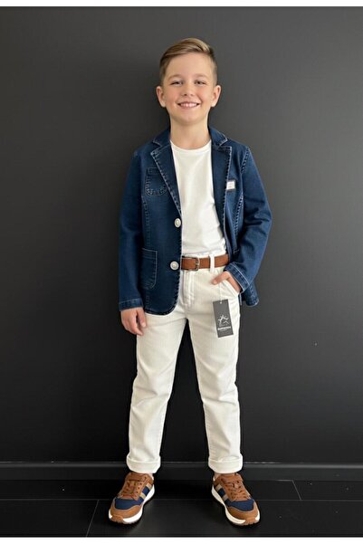 STAR GOGO KİDS Boy's Denim Blazer Jacket and Linen Trousers Set, Comfortable Fit. (4 Pieces Belt Included.)
